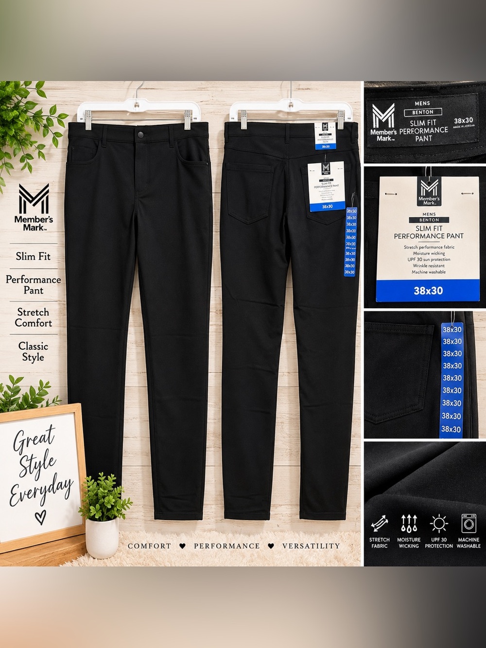 🖤 Member’s Mark Benton Men’s Slim Fit Performance Pants – NWT – 38x30
